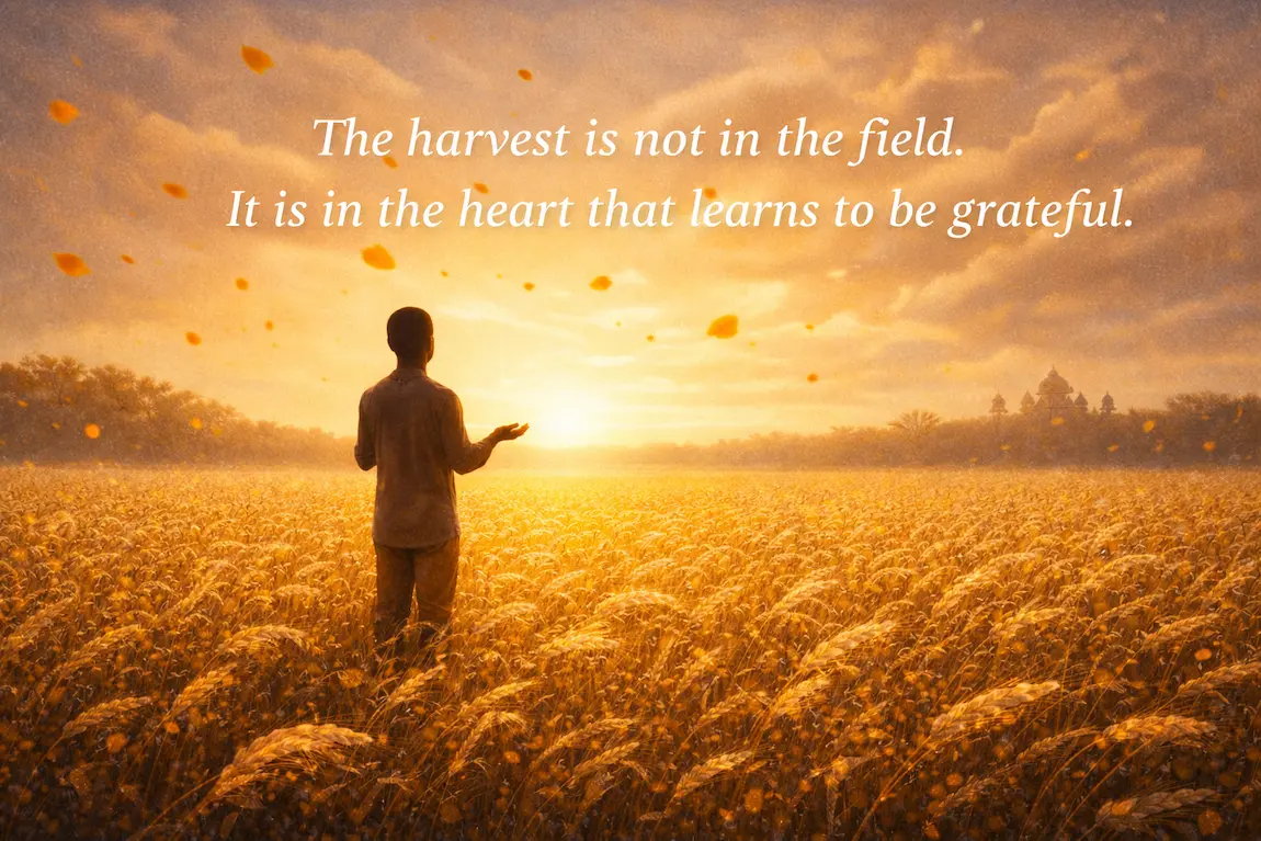 A person standing in a golden wheat field at sunset, symbolizing gratitude, surrender, and spiritual arrival — Baisakhi closing.