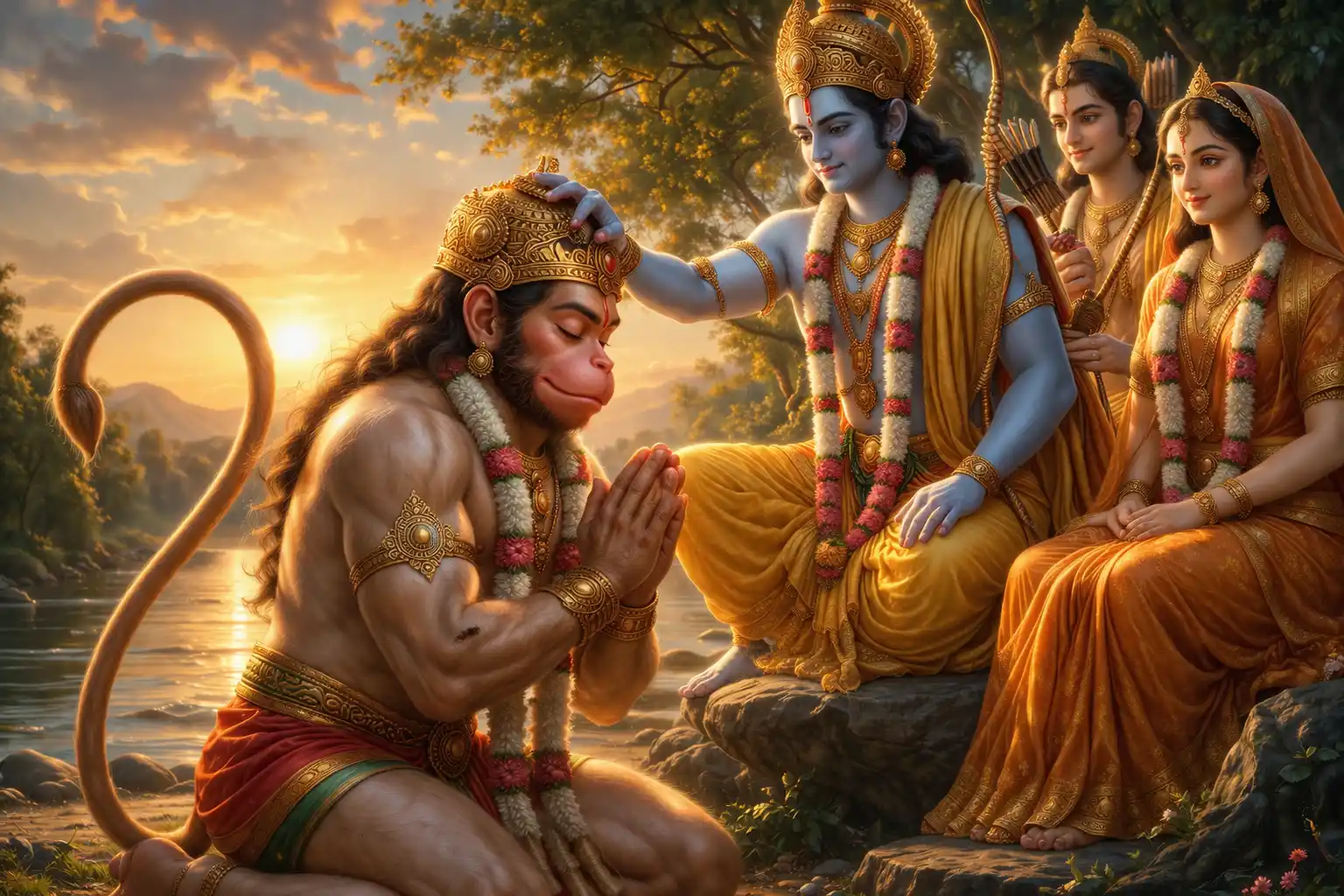 Hanuman receiving blessings from Lord Ram 