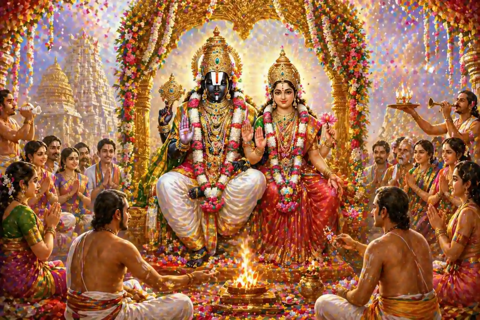 Sri Srinivasa Kalyanotsavam is the joyous celebration of the celestial marriage of Lord Srinivasa and Goddess Lakshmi.