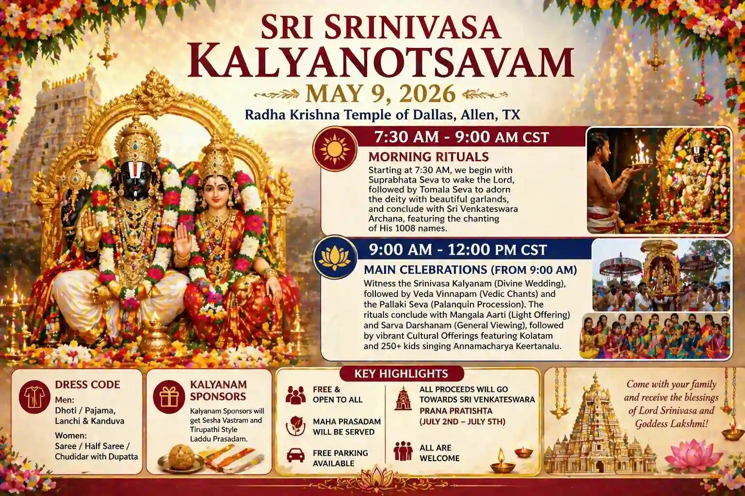 Details of the Sri Srinivasa Kalyanotsavam on May 9 at the Radha Krishna Temple of Dallas
