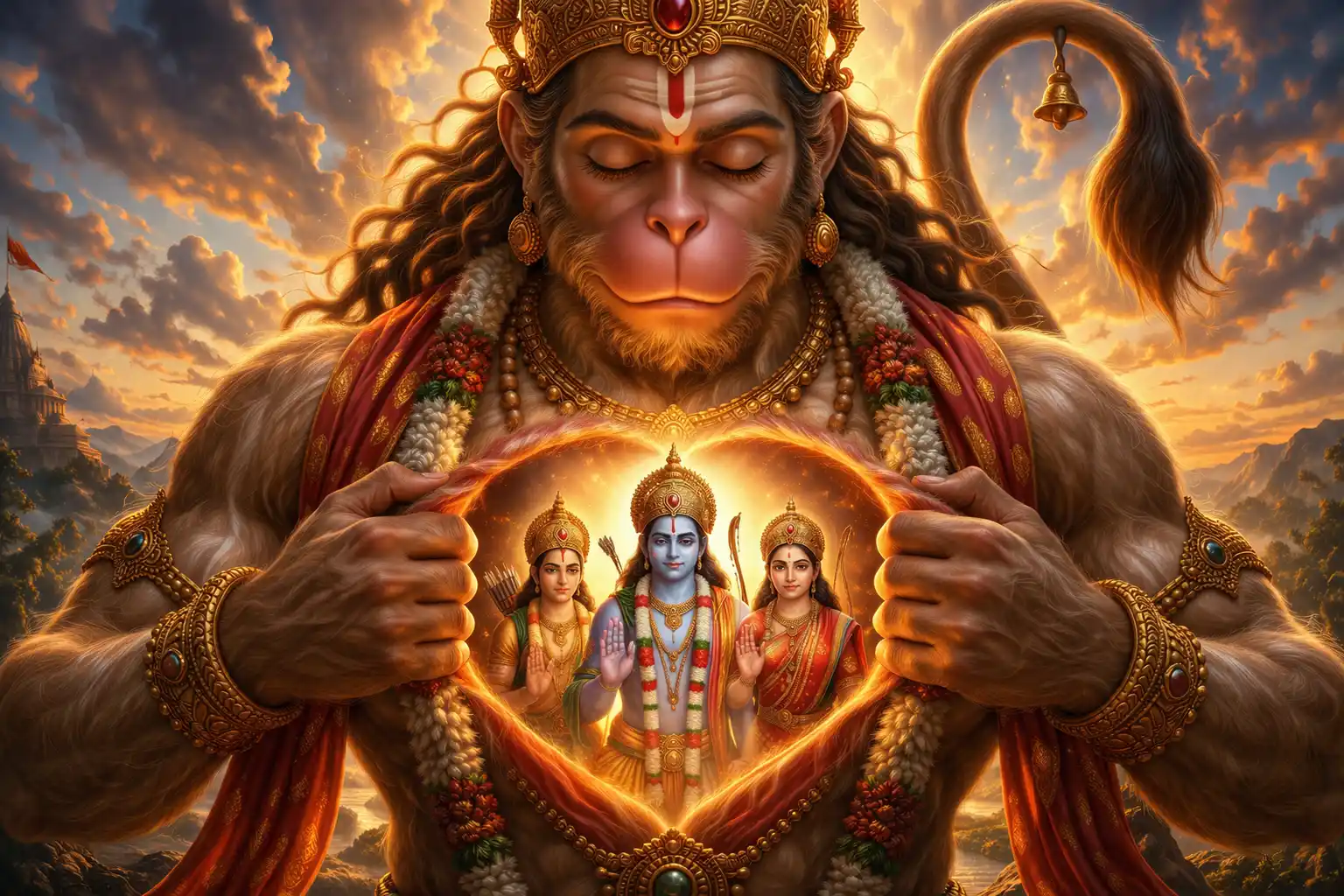 Lord Ram, Mother Sita, and Shree Lakshman dwell forever in His heart
