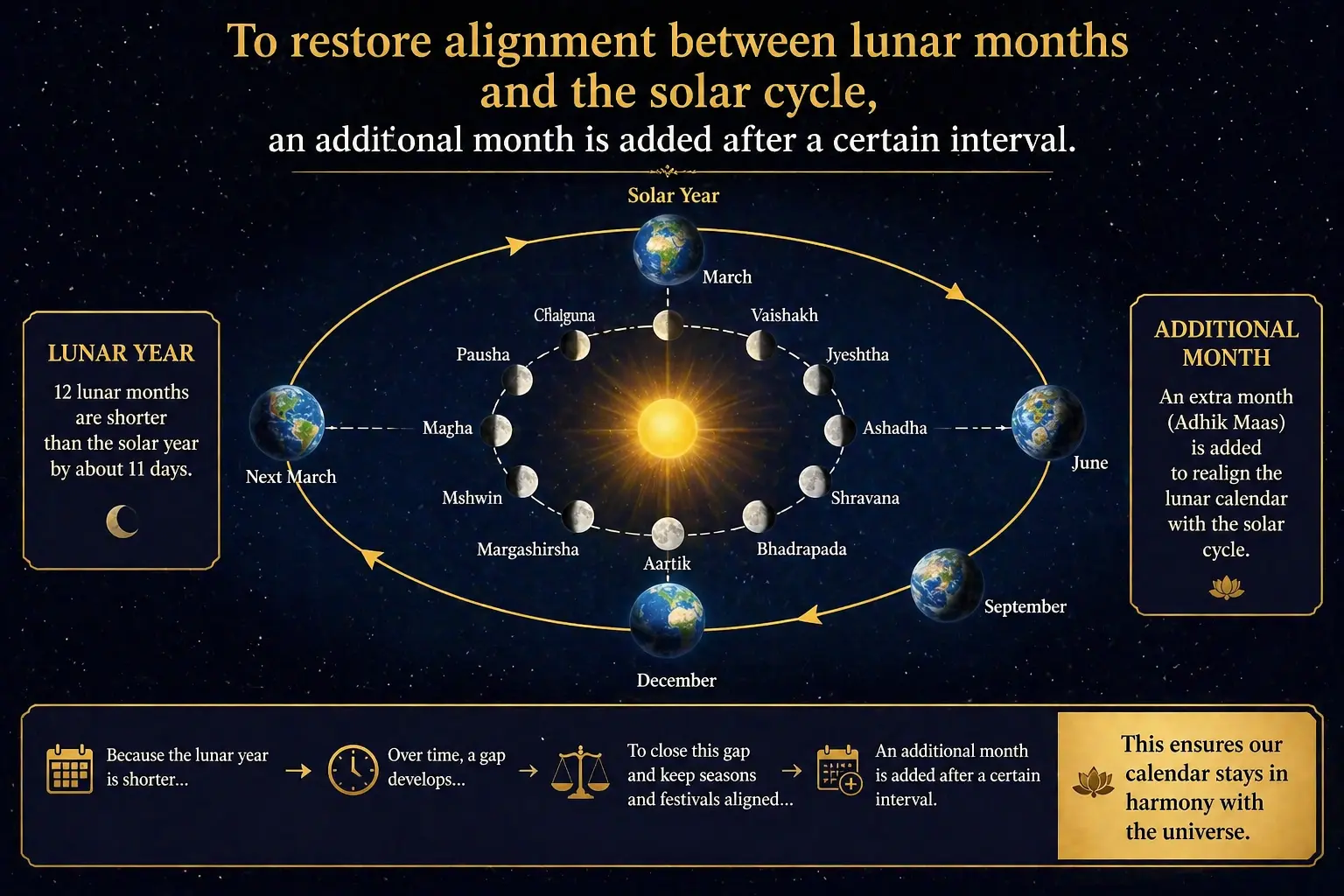 To restore alignment between lunar months and the solar cycle, an additional month is added after a certain interval