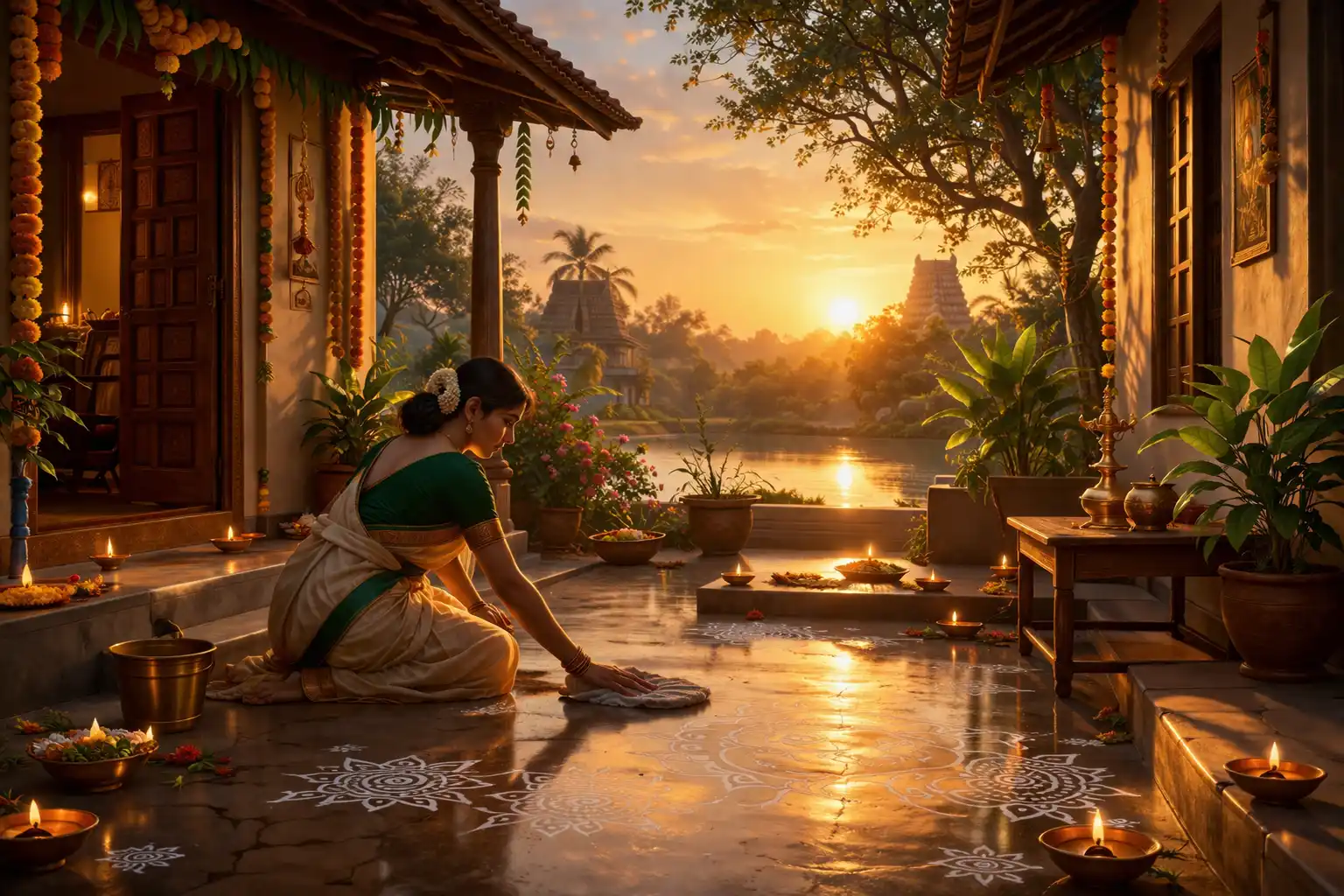 Sunrise in traditional courtyard