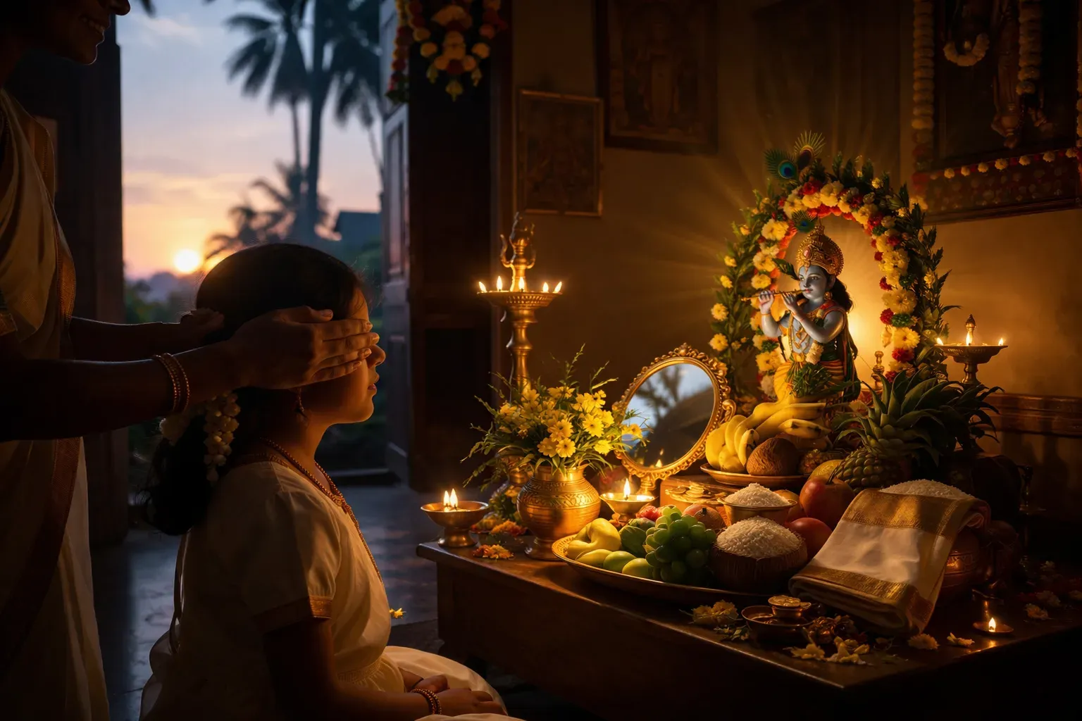 The devotee wakes up before sunrise and, often with eyes closed, is led to the arrangement.