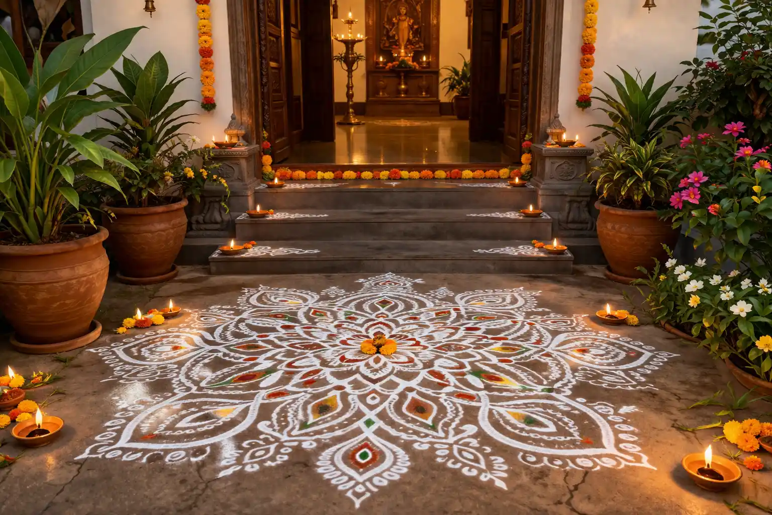 The kolam designs drawn at the entrance of homes represent harmony, precision, and the welcoming of positive energy. 