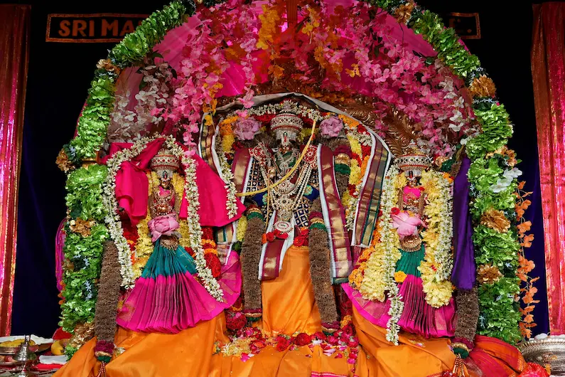 Lord Venkateswara adorned with garlands during Srinivasa Kalyanam ceremony