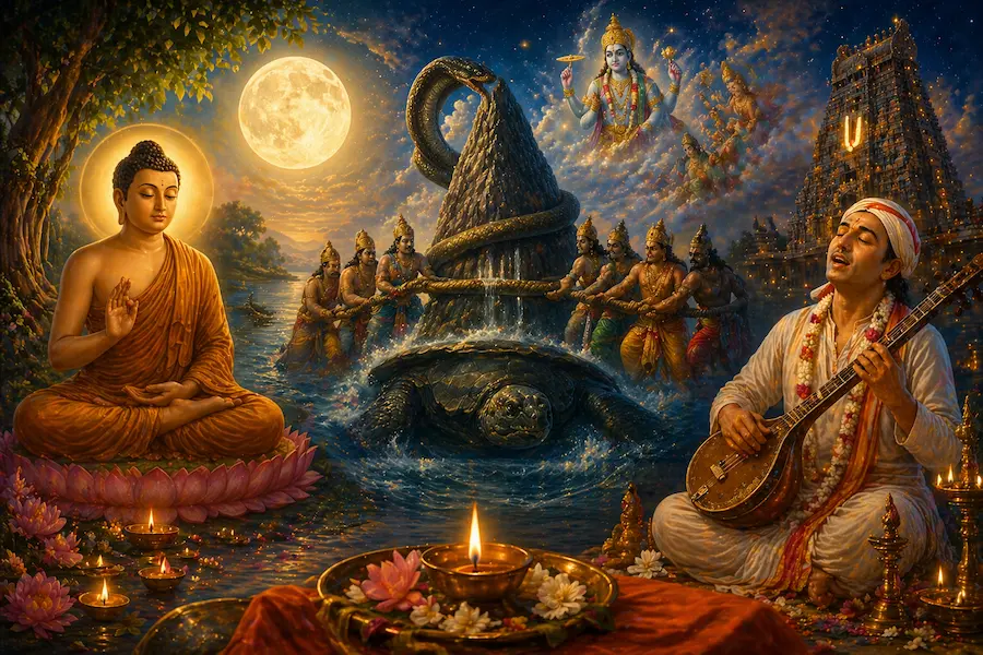 Buddha meditating under a full moon, Kurma supporting the cosmic churning, and a saint singing in a serene devotional scene.
