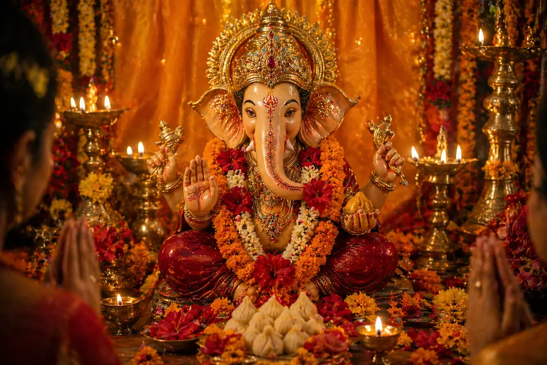 Ganesh murti adorned with marigold garlands and hibiscus flowers, surrounded by diyas and offerings, with devotees praying in a warmly lit shrine.