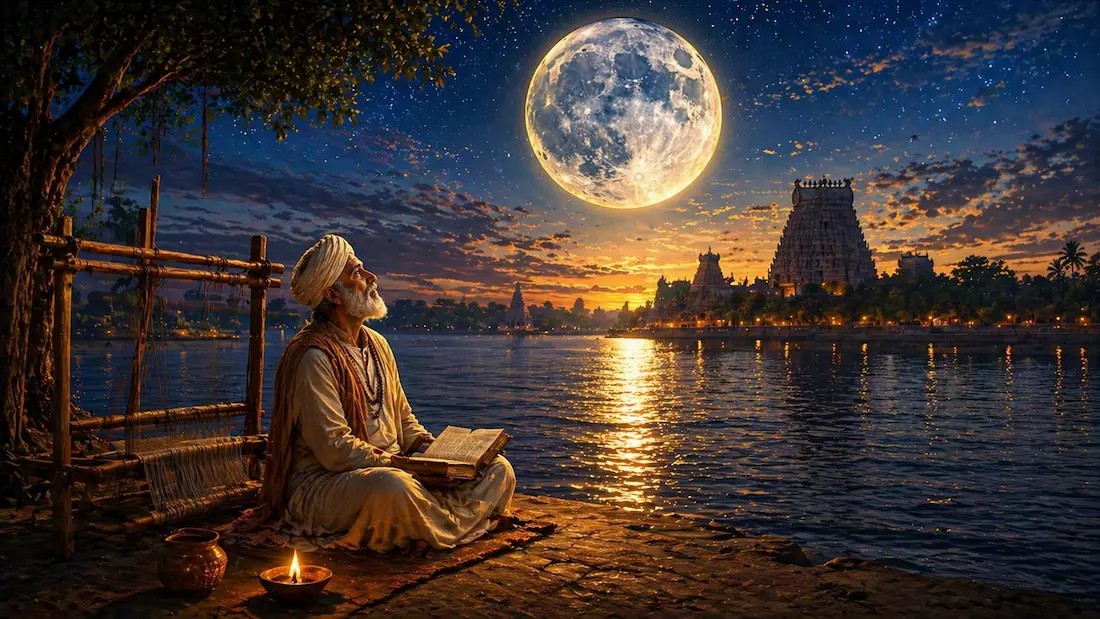 Kabir as a humble weaver sitting by a river under a large full moon, with a loom and open book beside him and a temple in the background.