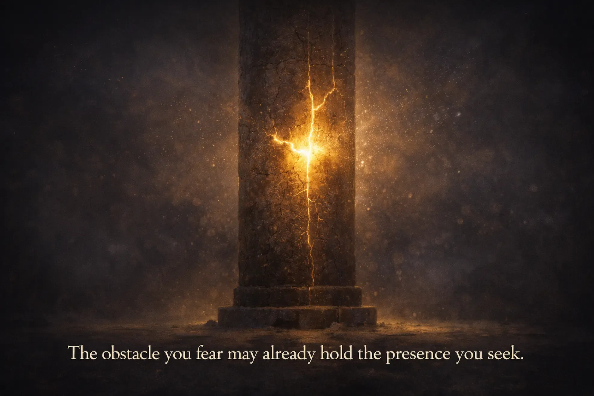 Stone pillar glowing from within symbolizing divine presence inside obstacles