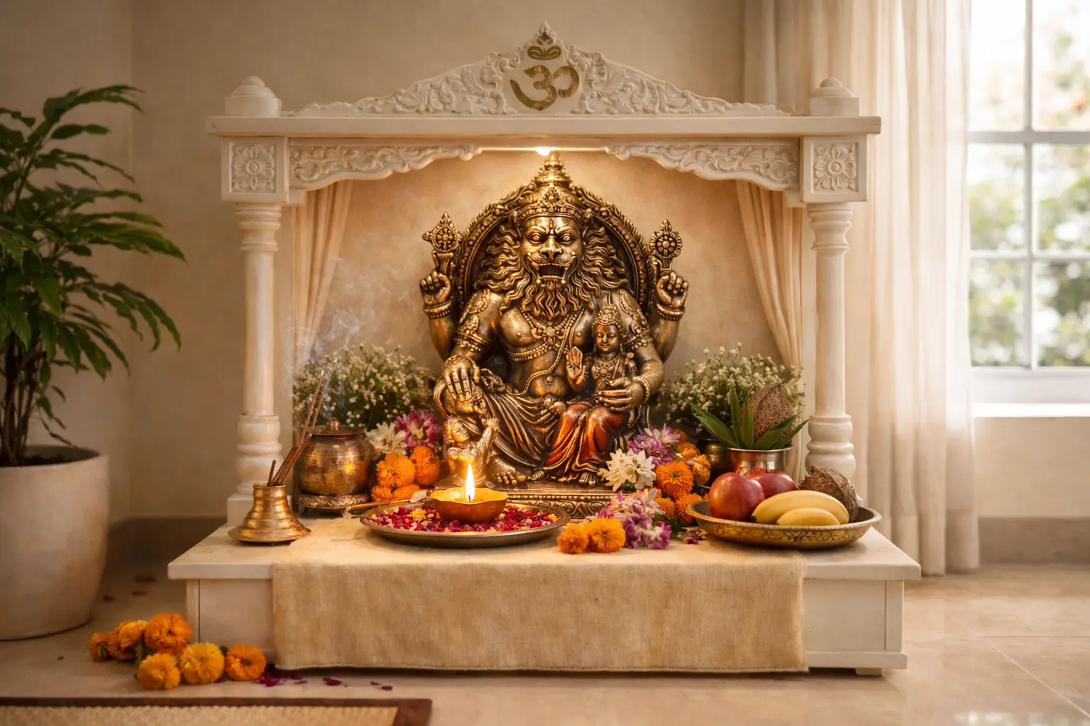 Lakshmi Narasimha home altar with diya flowers and incense