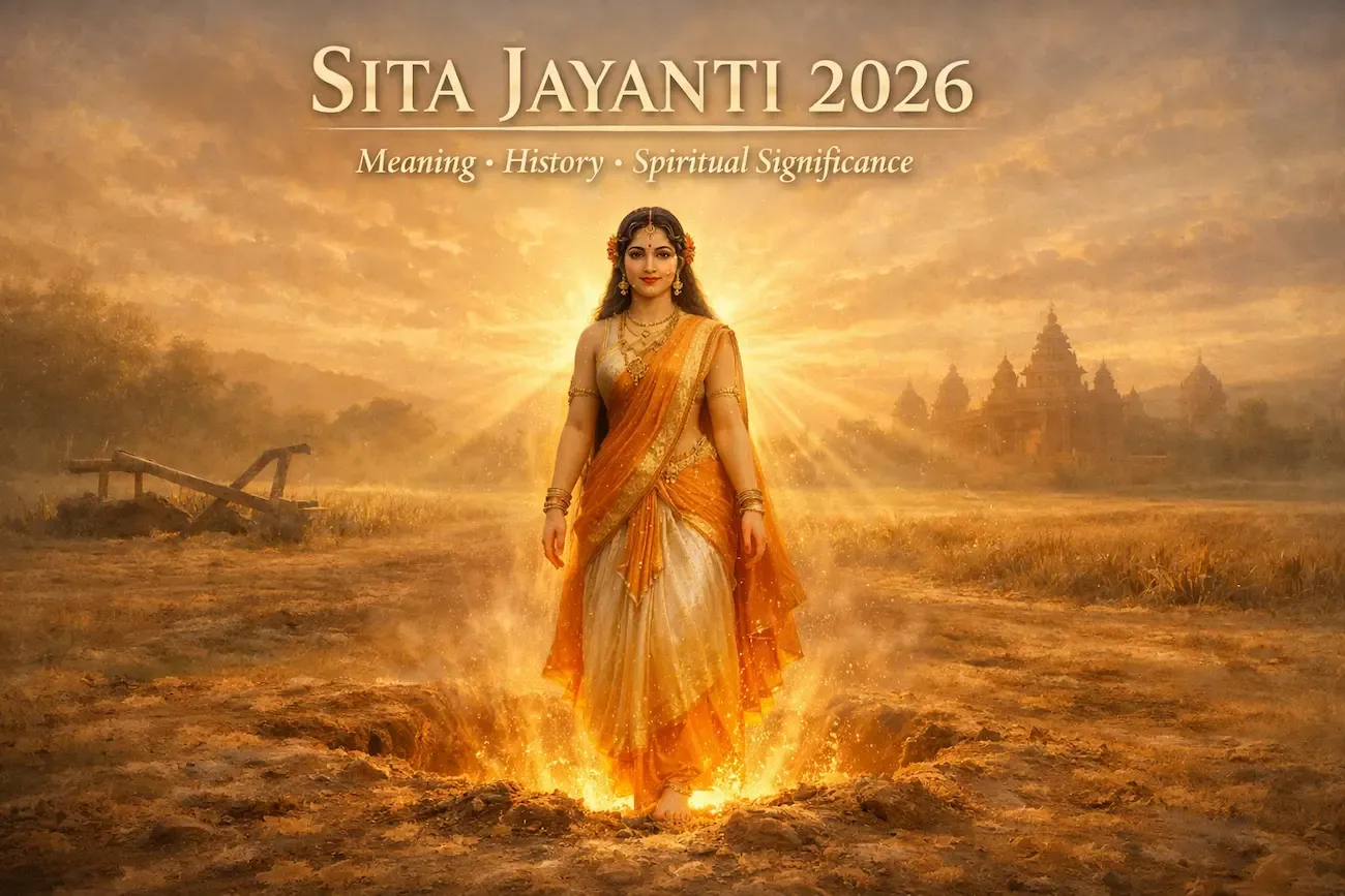 Mother Sita emerging from the earth in golden light, symbolizing her divine origin and strength.