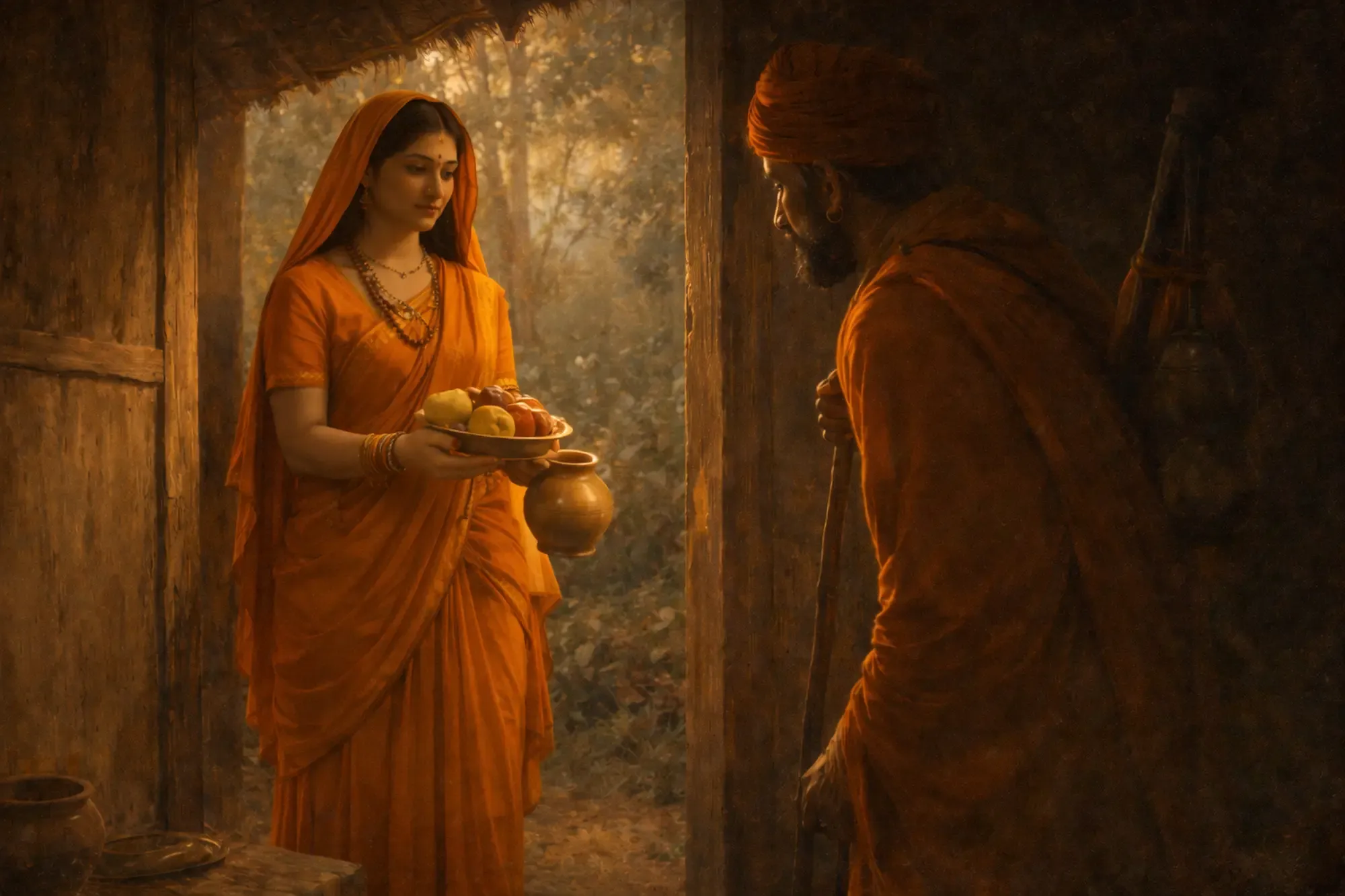 Mother Sita offering hospitality to a disguised Ravan at her forest hermitage.