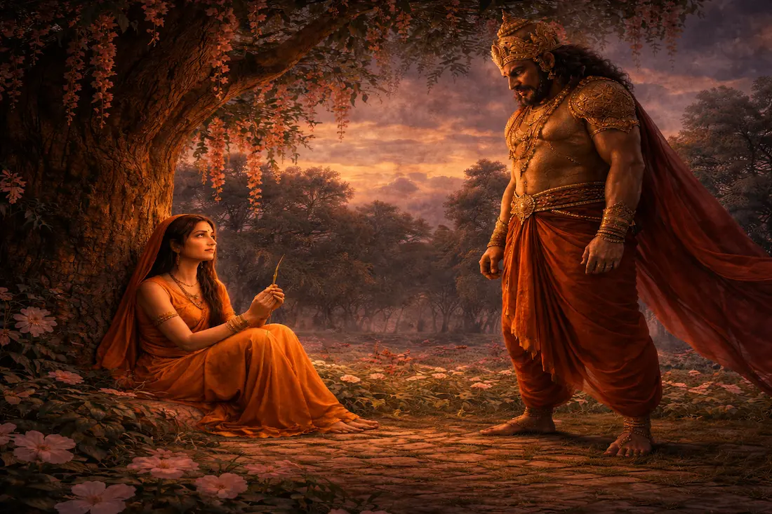 Mother Sita holding a blade of grass in Ashok Vatika, rejecting Ravan with quiet strength.