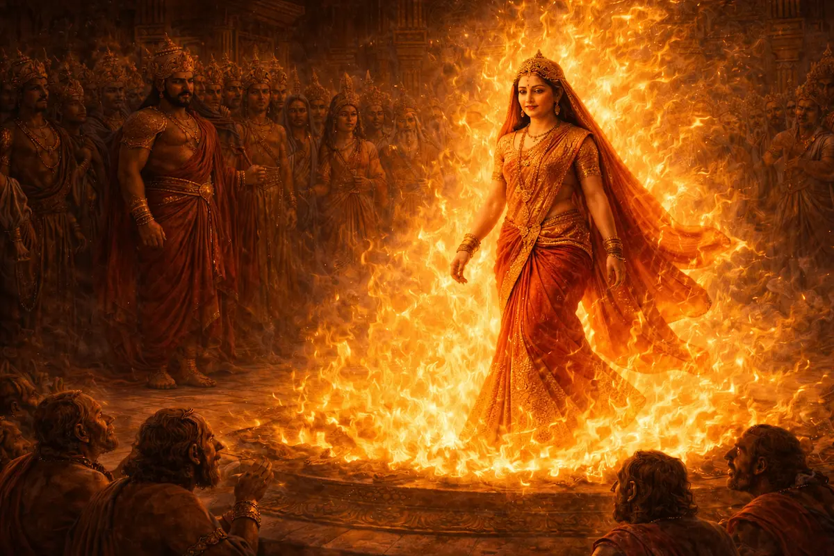 Mother Sita walking into the sacred fire with calm dignity during Agni Pariksha.