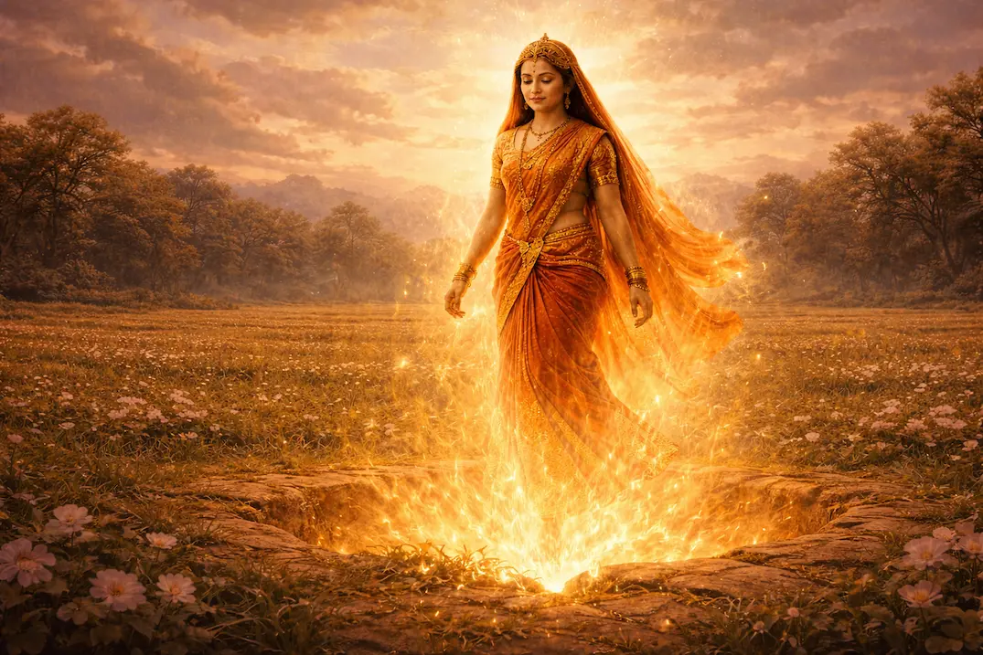 Mother Sita returning to the earth in a moment of complete surrender and divine fulfillment.