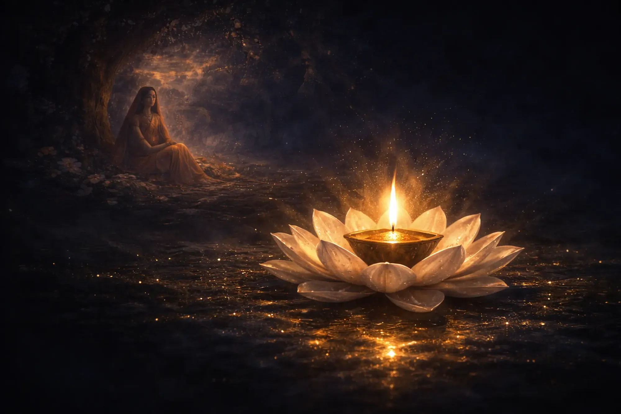 A glowing diya in a lotus symbolizing inner devotion and Mother Sita’s presence within the heart.