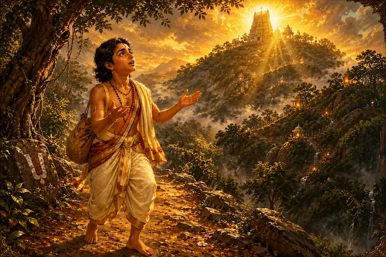 Sixteen-year-old Annamaya climbs the misty Seven Hills of Tirumala barefoot with pilgrims at dawn, the temple visible in the distance.