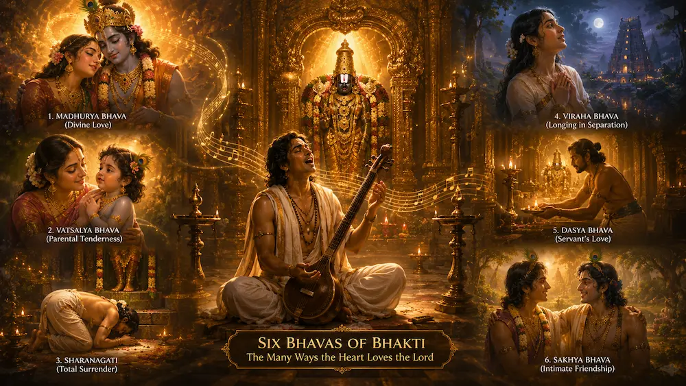 Symbolic artwork showing Annamacharya singing before Lord Venkateswara, surrounded by scenes representing the six devotional bhavas of bhakti.