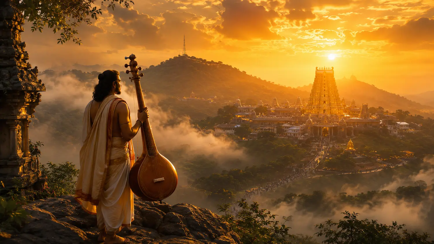 Annamacharya stands on a mist-covered hill at sunrise holding a tanpura, looking toward the golden Tirumala temple in the distance.