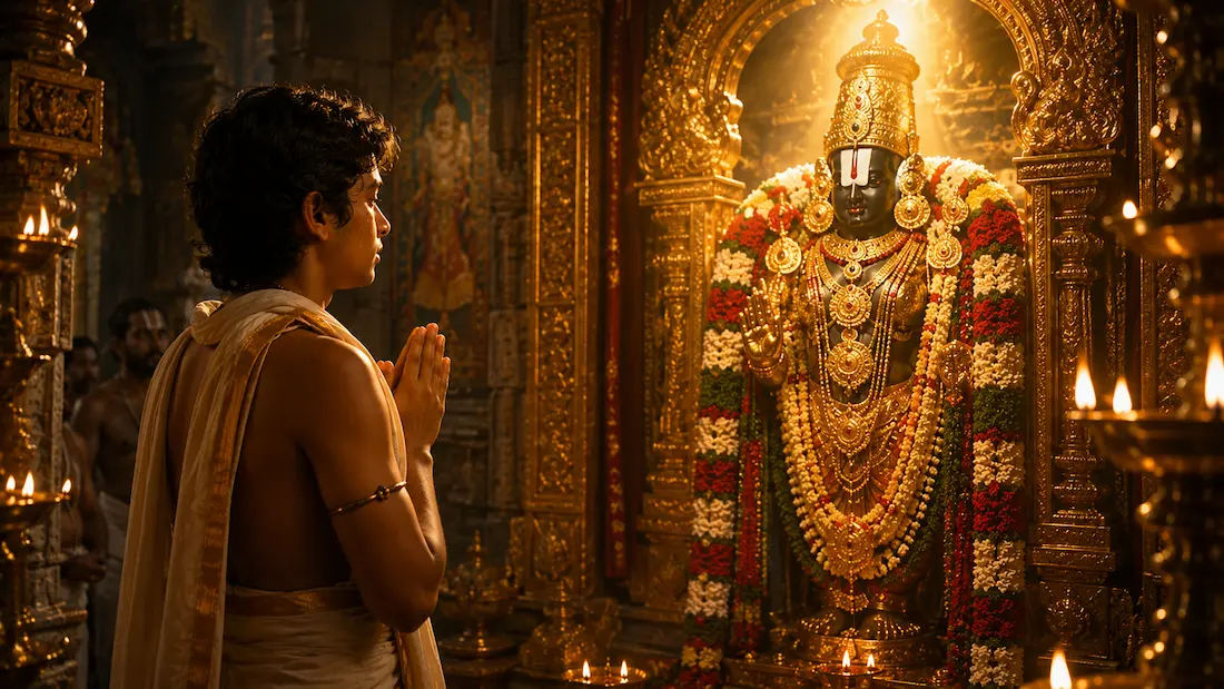 Young Annamaya stands in awe before Lord Venkateswara inside the Tirumala temple sanctum, illuminated by golden light as tears stream down his face.