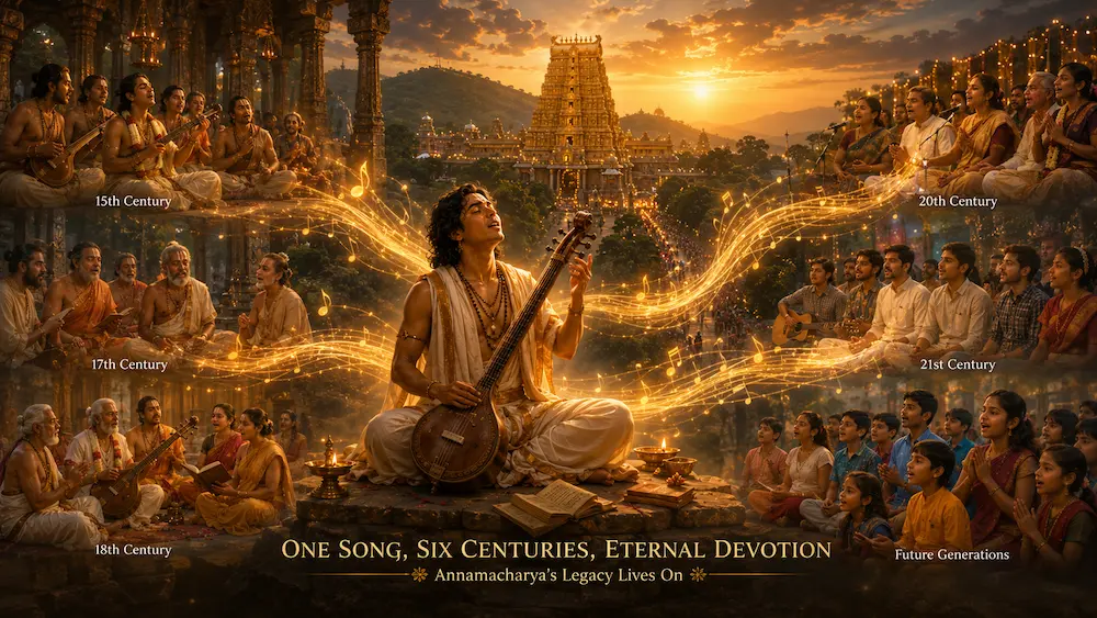 Annamacharya sings before the Tirumala temple as devotees from different centuries are connected by streams of golden light and music.
