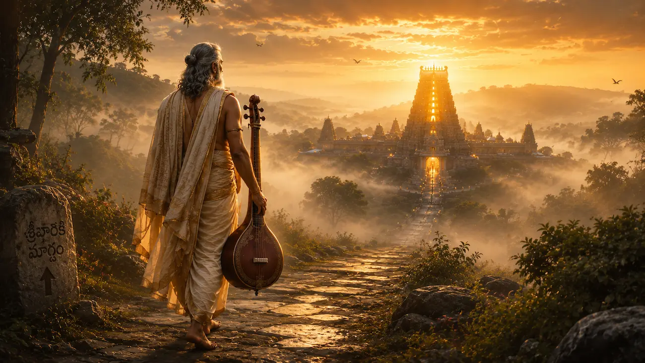 An elderly Annamacharya walks through mist-covered hills at dawn carrying a tanpura, with the Tirumala temple glowing in the distance.