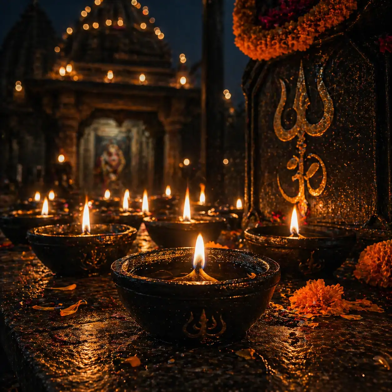  Mustard oil diyas lit at night representing Kalashtami spiritual purificationLit oil lamps in a temple for Kalashtami worship symbolizing spiritual purification and divine protection.