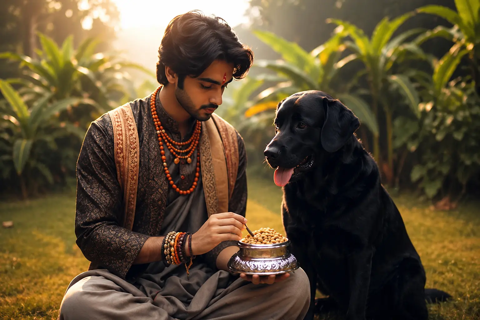 Devotee feeding dog representing Kalashtami ritual and Bhairav worship