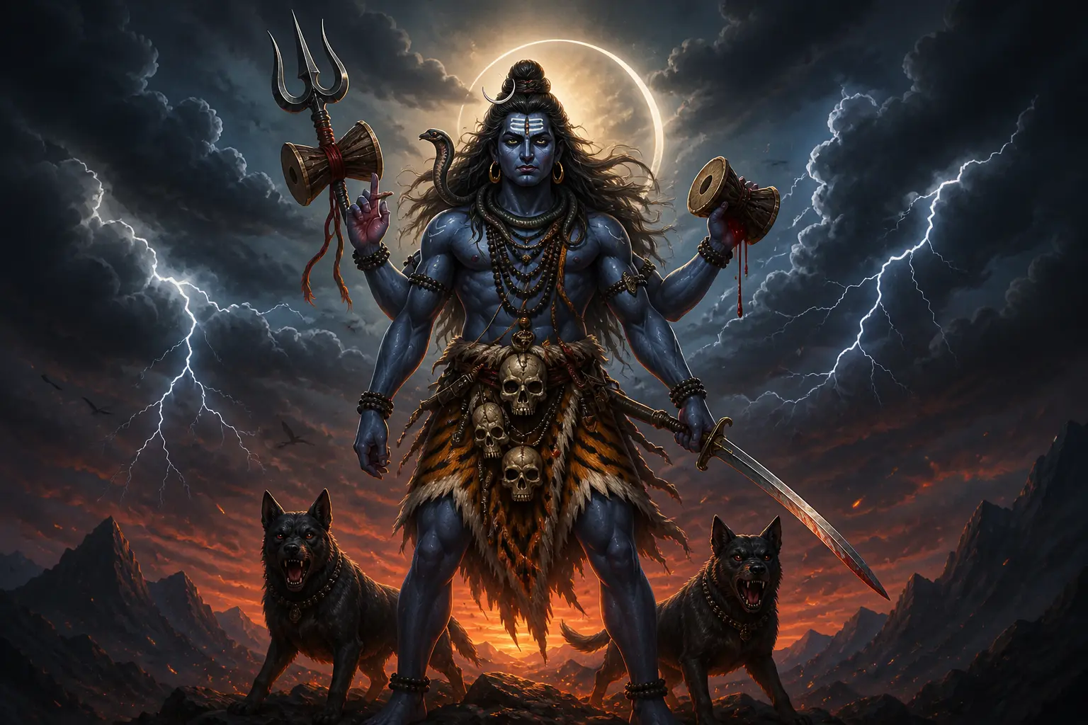 Kaal Bhairav with trident and dogs under stormy sky representing Kalashtami protection and divine power.