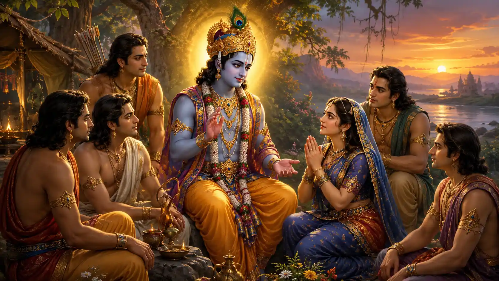 Lord Krishna counseling Draupadi and the five Pandavas in a forest setting at sunset, with Draupadi praying with folded hands and the Pandavas listening with devotion.