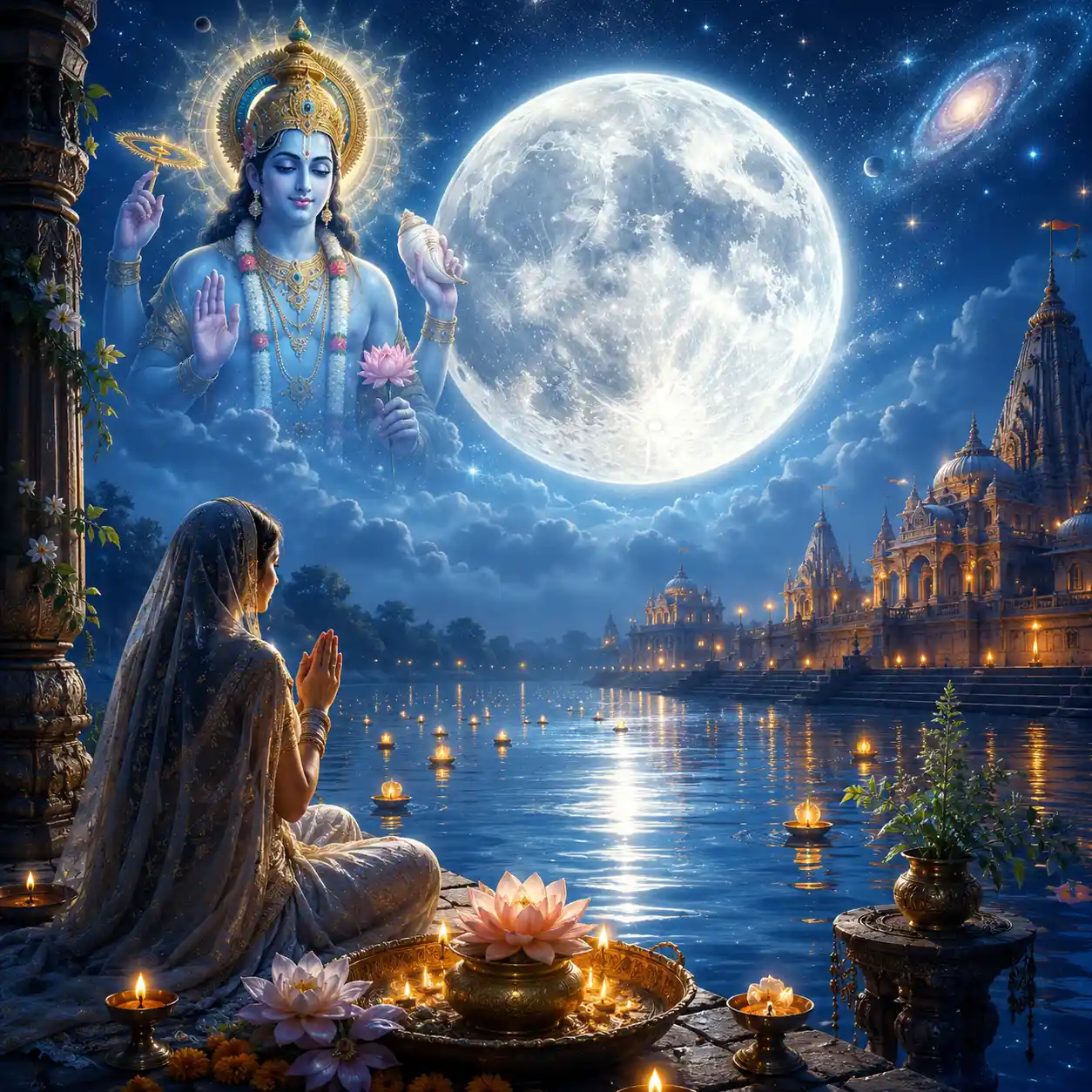 Lord Vishnu appearing in the night sky beside a glowing full moon, with a devotee praying near a sacred river, floating diyas, lotus flowers and illuminated temple silhouettes.