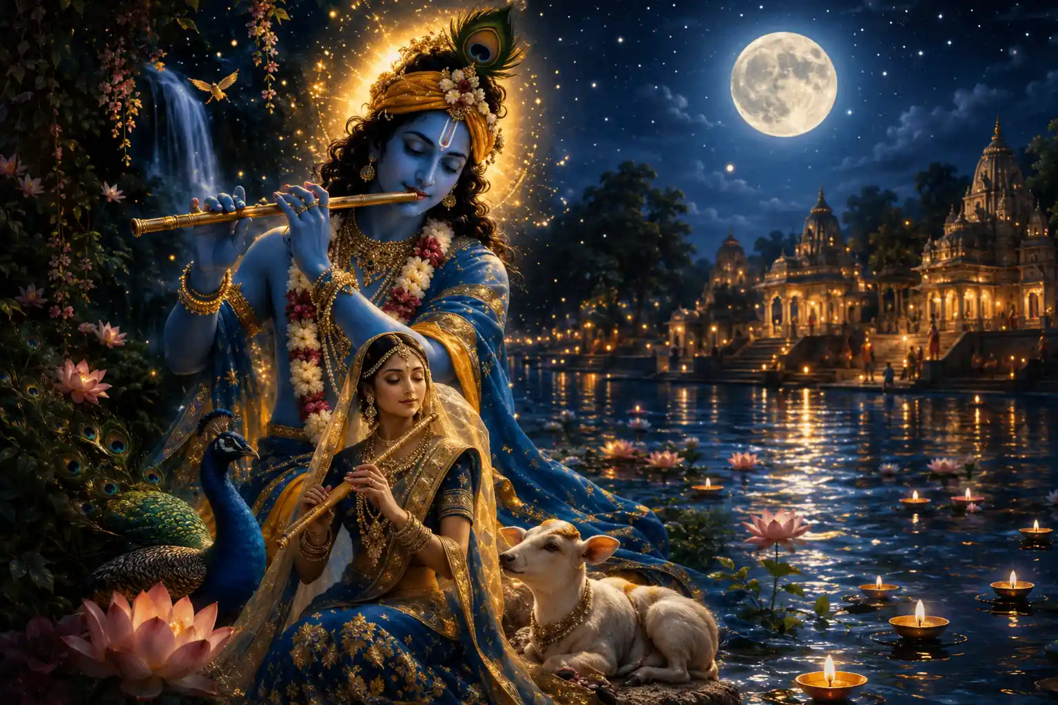 Lord Krishna playing the flute beside Radha near a moonlit river, with floating diyas, lotus flowers, a peacock,
