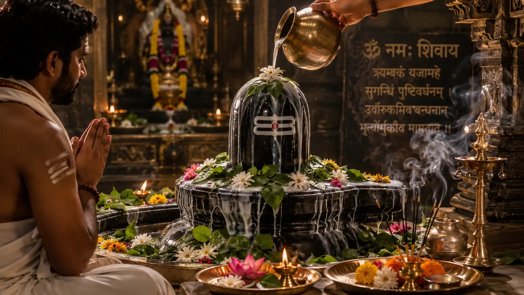Devotee praying during Shiva Abhishekam as milk is poured over a Shivling decorated with bel leaves, flowers, lamps and incense inside a temple.