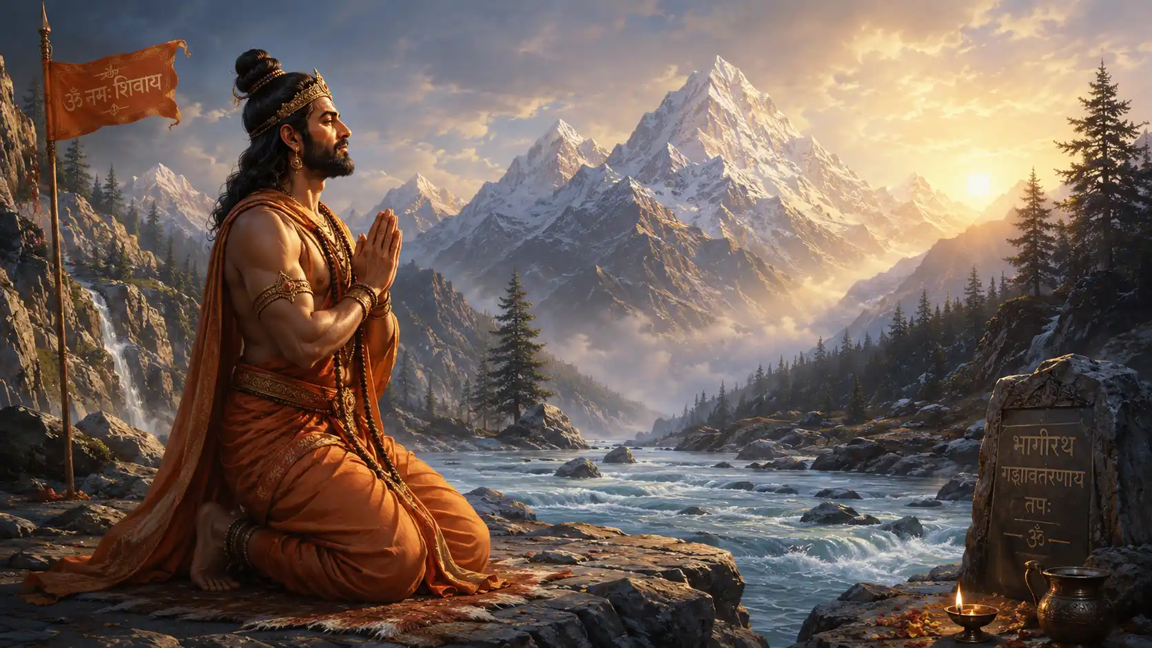 King Bhagiratha kneels in prayer beside a sacred river in the Himalayas at sunrise.