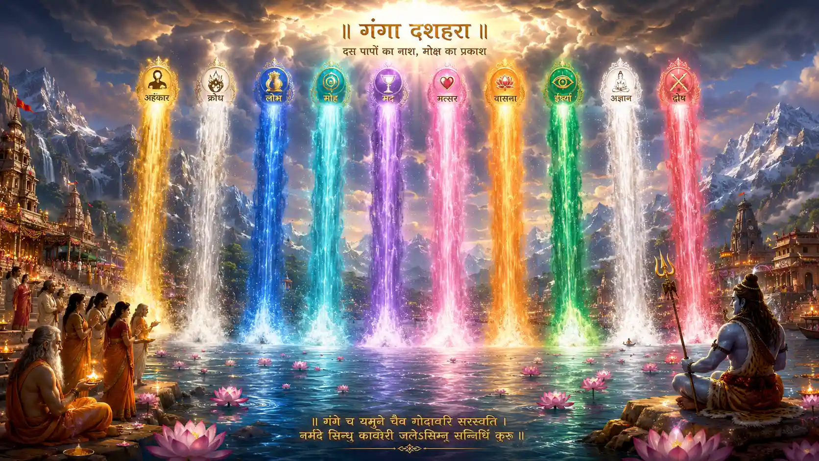 A devotional landscape showing ten colorful streams of divine light and water descending from the heavens into the sacred Ganga River, with devotees praying on the ghats.