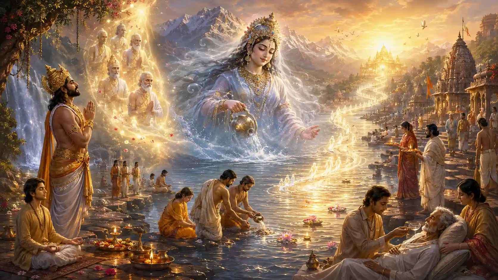 A sacred riverside scene showing Goddess Ganga blessing devotees, departed souls moving toward divine light, and families performing prayers and rituals along the river.