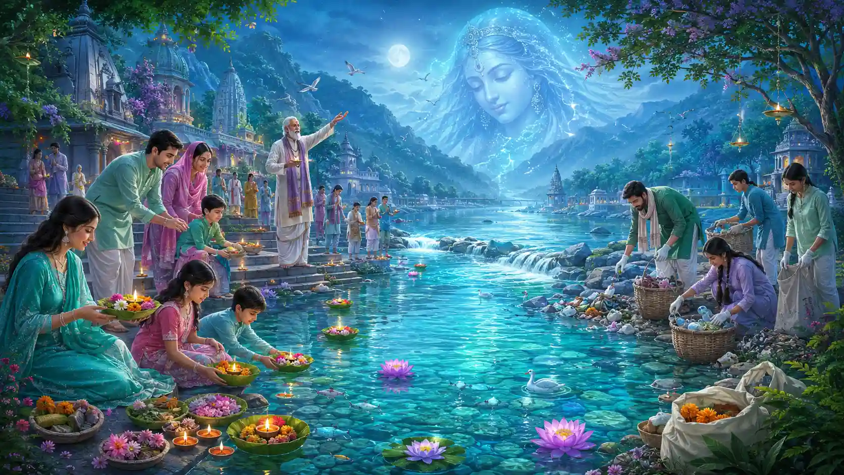 A moonlit riverside scene shows devotees offering eco-friendly prayers while others clean trash from the Ganga, symbolizing that protecting the sacred river is an act of devotion.