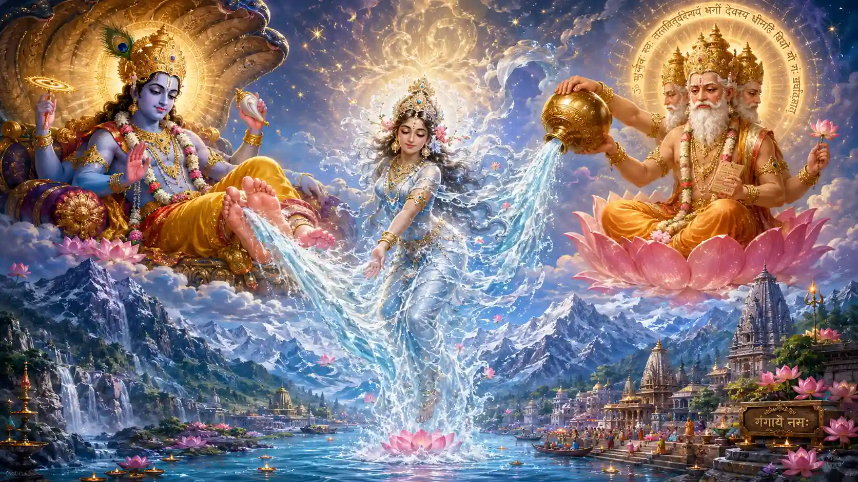 A celestial scene shows Lord Vishnu, Lord Brahma, and Goddess Ganga, with sacred waters flowing from Vishnu’s feet and Brahma’s kamandala into the divine river descending to earth.