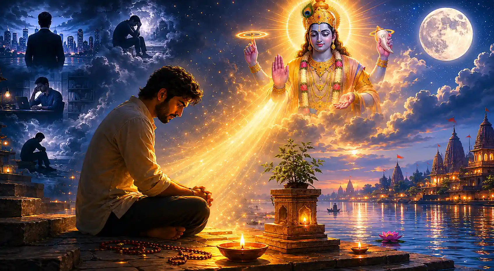 A young man sitting in prayer beside a sacred river with a diya, tulsi plant, full moon and Lord Vishnu appearing in the sky with golden light.