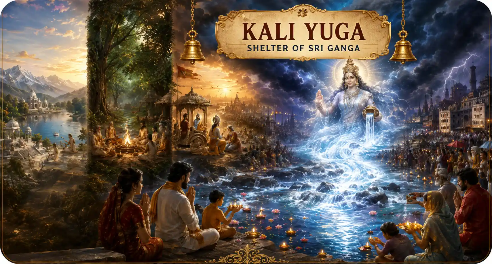 Goddess Ganga blesses devotees in Kali Yuga, her radiant river offering hope amid a dark troubled world.