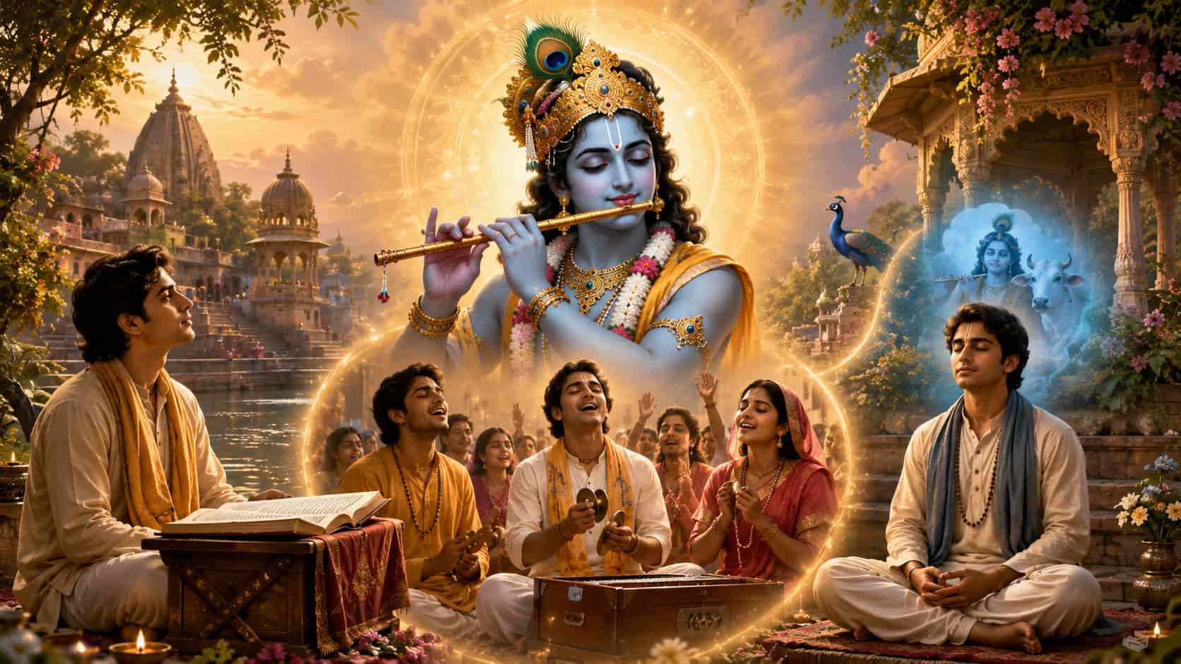 Devotees practicing Tridha Bhakti near a sacred river, with one person reading scripture, others singing kirtan, one meditating, and Lord Krishna playing the flute above them.