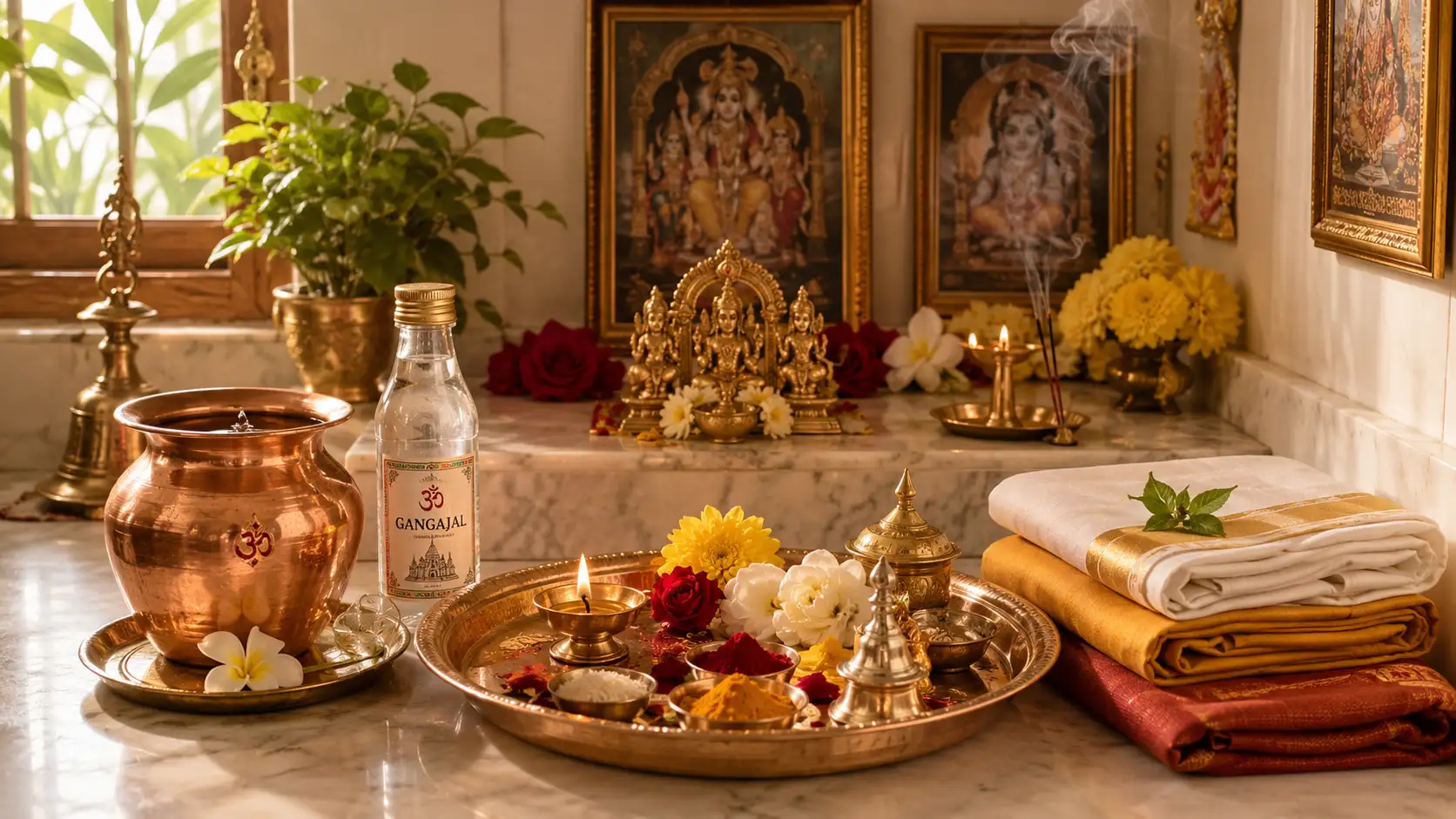 Clean puja space with Gangajal, copper lota, flowers, diya, and folded clothes for Jyestha Adhik Purnima morning rituals.