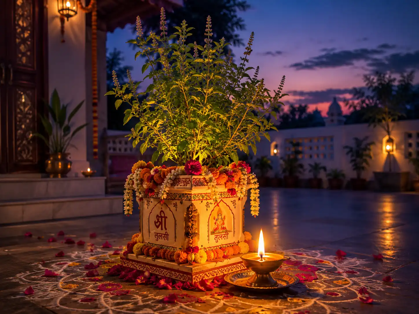 Decorated Tulsi plant with glowing desi ghee diya at twilight for Jyestha Adhik Purnima Deep Daan