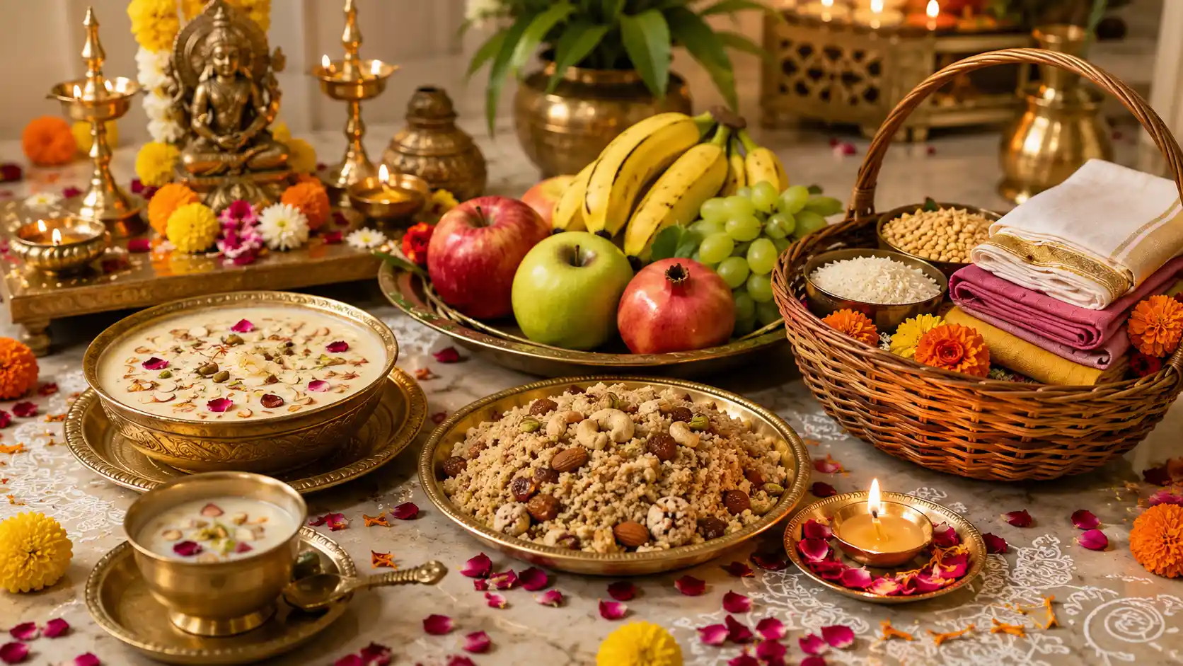Devotional prasad arrangement with kheer, panjiri, fruits, panchamrit, grains, and clothes for daan on Jyestha Adhik Purnima.