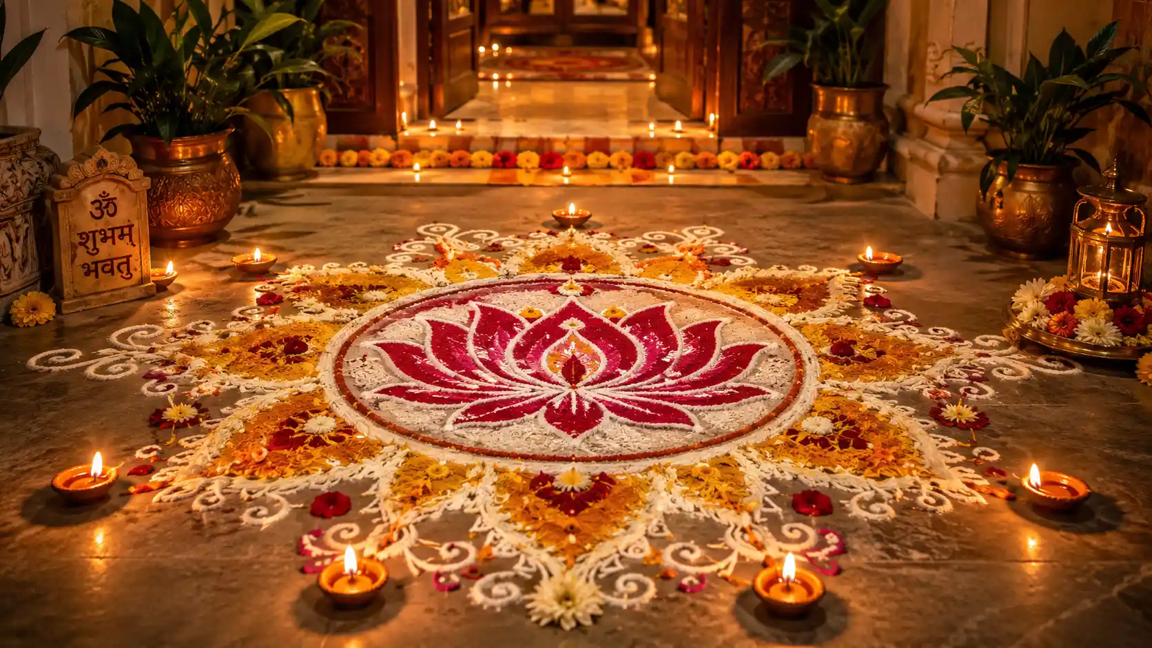 Lotus rangoli made with rice flour, turmeric, kumkum, and flower petals for Jyestha Adhik Purnima home decor.