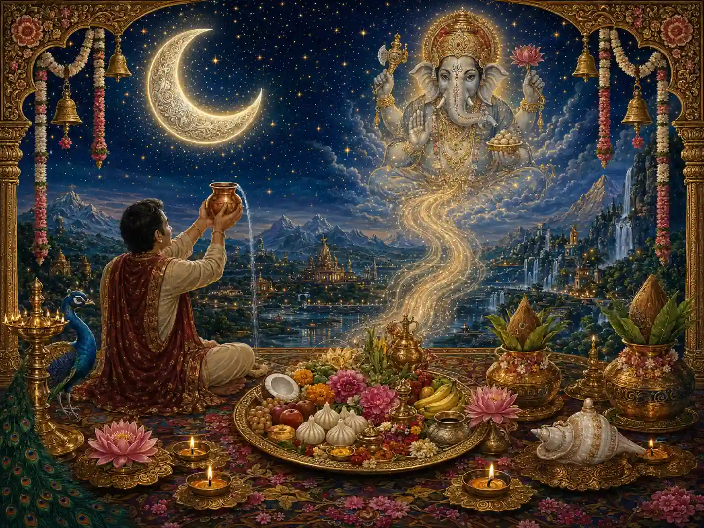 Ornate Hindu devotional artwork showing a seated devotee holding a copper pot in prayer beneath a crescent moon. Lord Ganesha appears glowing in the cloudy night sky
