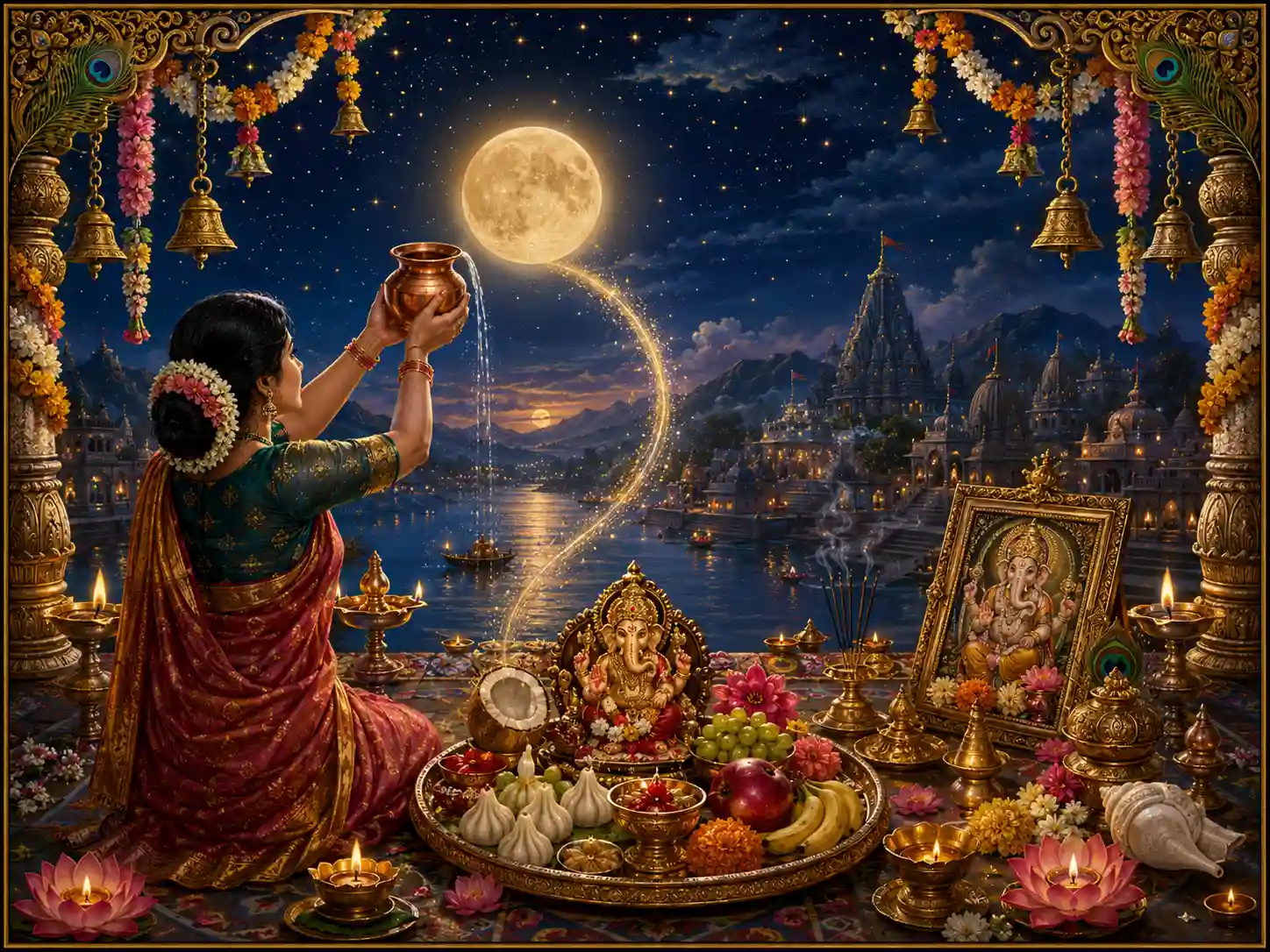 A devotee offers water to the moon at night, with a Ganesha altar, lamps, flowers, and temples in the background.