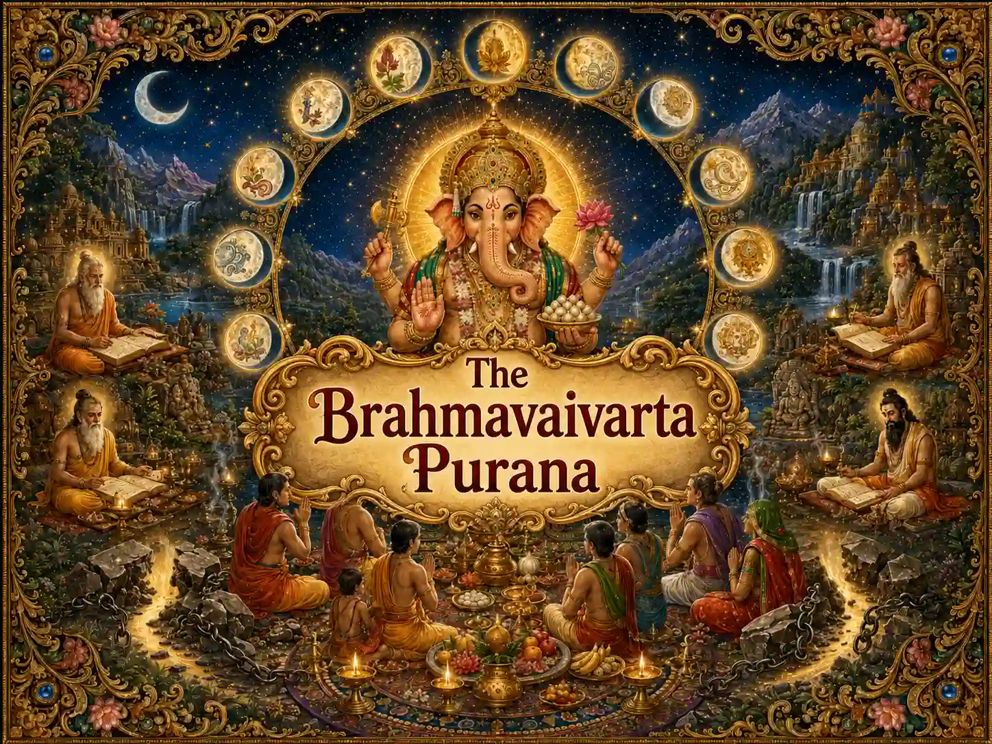 Ornate devotional image of Lord Ganesha with a central “The Brahmavaivarta Purana” banner, surrounded by sages, devotees, moon medallions, offerings, and temple scenery.