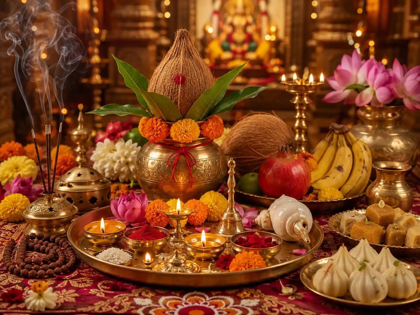 Landscape image of Hindu puja items including a brass thali, diyas, incense, flowers, kalash with coconut and leaves, fruits, sweets, conch shell, and ritual vessels.
